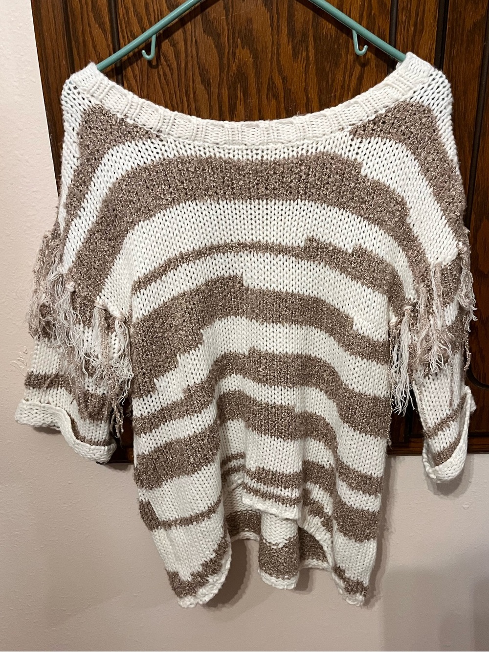 Off-the-Shoulder Fringe Stripe Sweater - White & Taupe